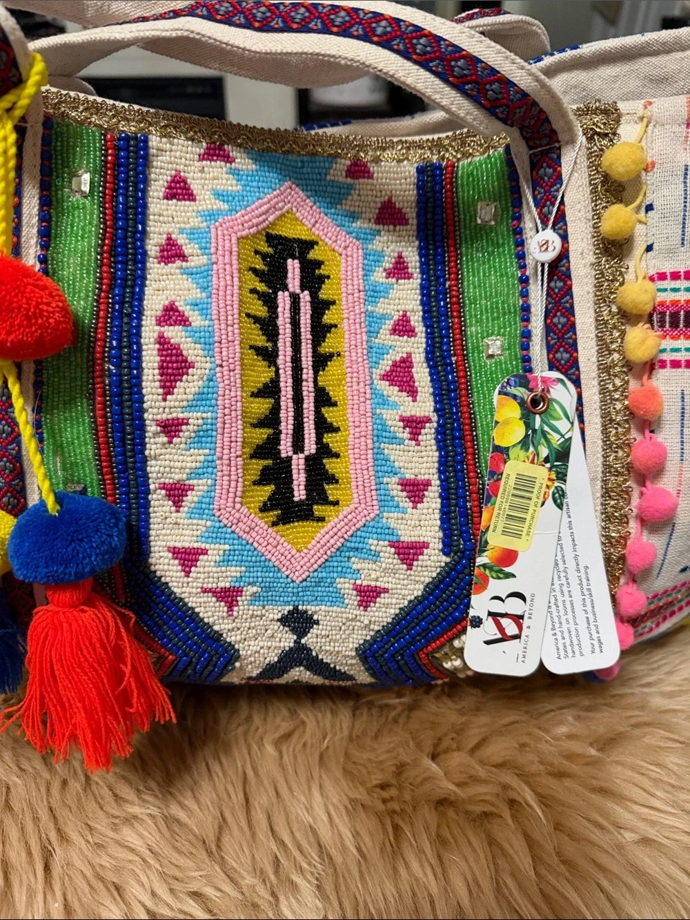 America & Beyond Beaded & Pom Pom Colorful Tote NWT